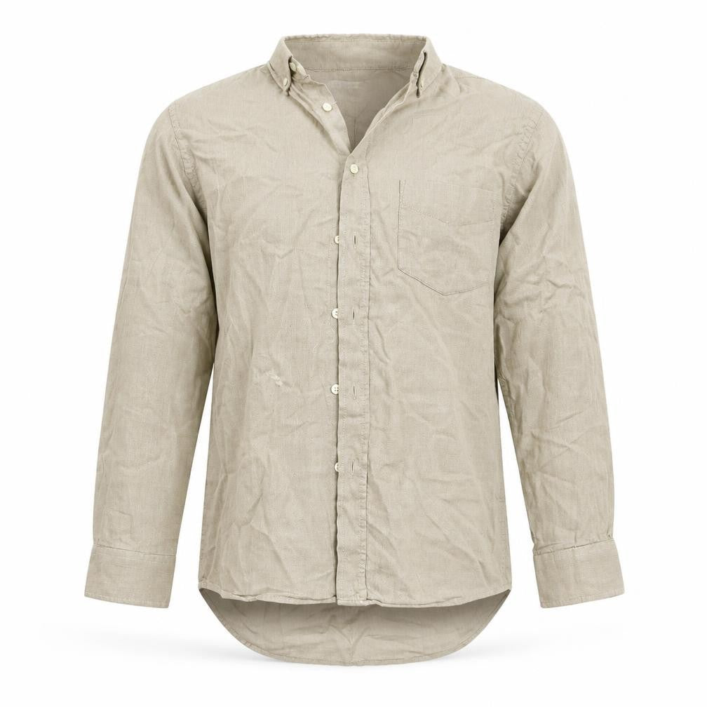 Front view of Marks & Spencer men’s beige button-up, size S