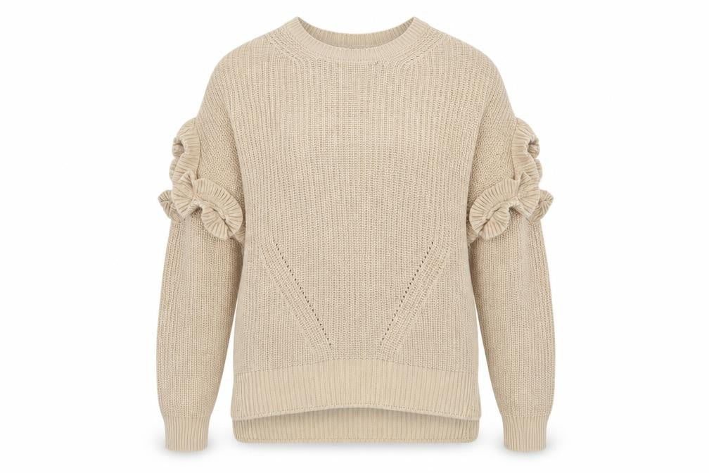 Front view of Miss Selfridge women’s beige knit jumper, size UK 12