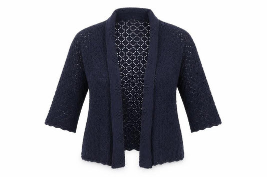 Front view of Autonomy women’s blue shrug jumper, size M