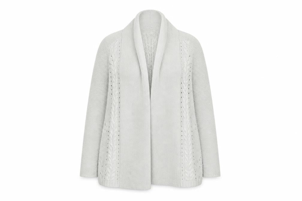 Front view of Marks & Spencer women’s beige cape jumper, size UK 10
