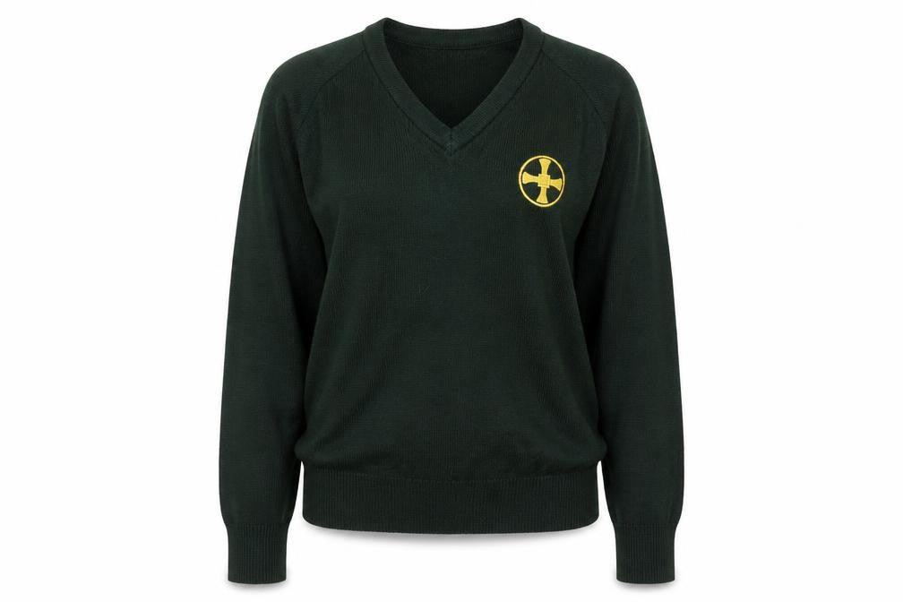Front view of Balmoral women’s green jumper, size M