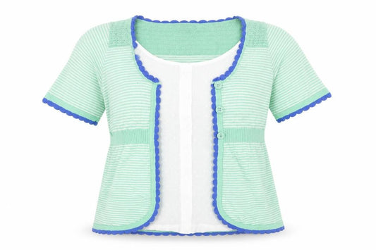 Front view of Per Una women’s green striped knit basic blouse, size UK 16