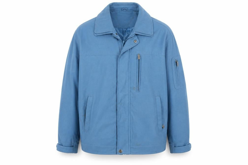 Front view of JBC women’s blue biker coat, size L