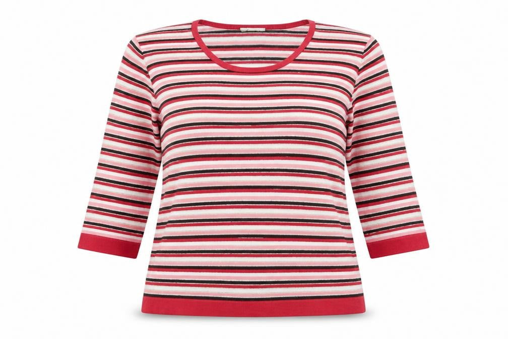 Front view of Preworn women’s red striped jumper, size UK 14