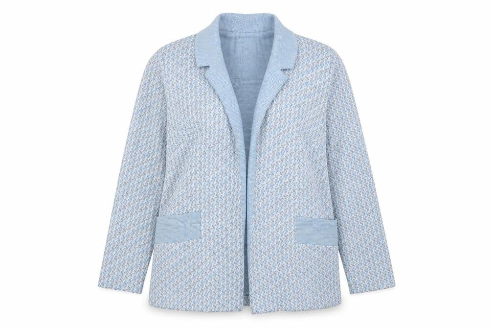Front view of Damart women’s blue geometric jacket, size UK 14