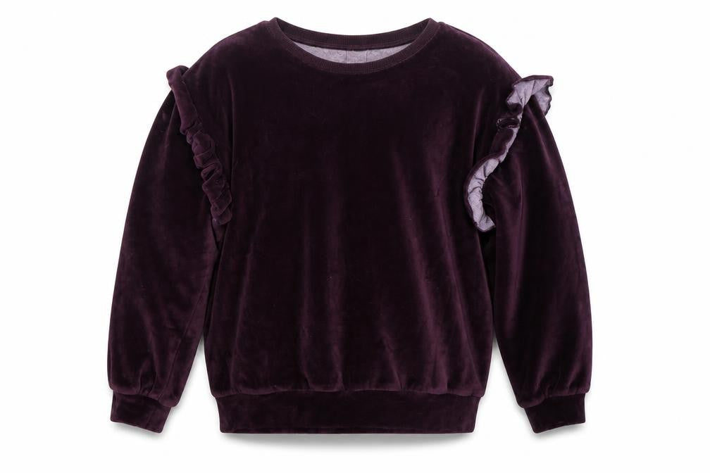 Front view of Next girls’ purple velour pullover sweatshirt, size 12, years