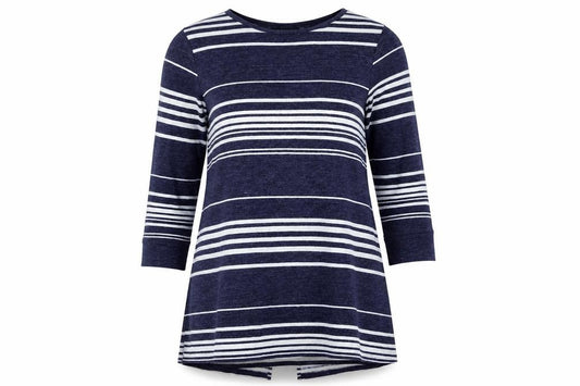 Front view of Love Leisure women’s blue striped jumper dress, size UK 14