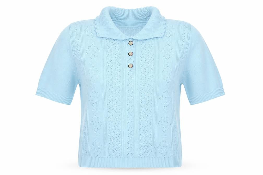 Front view of Glimpse women’s blue cardigan jumper, size M