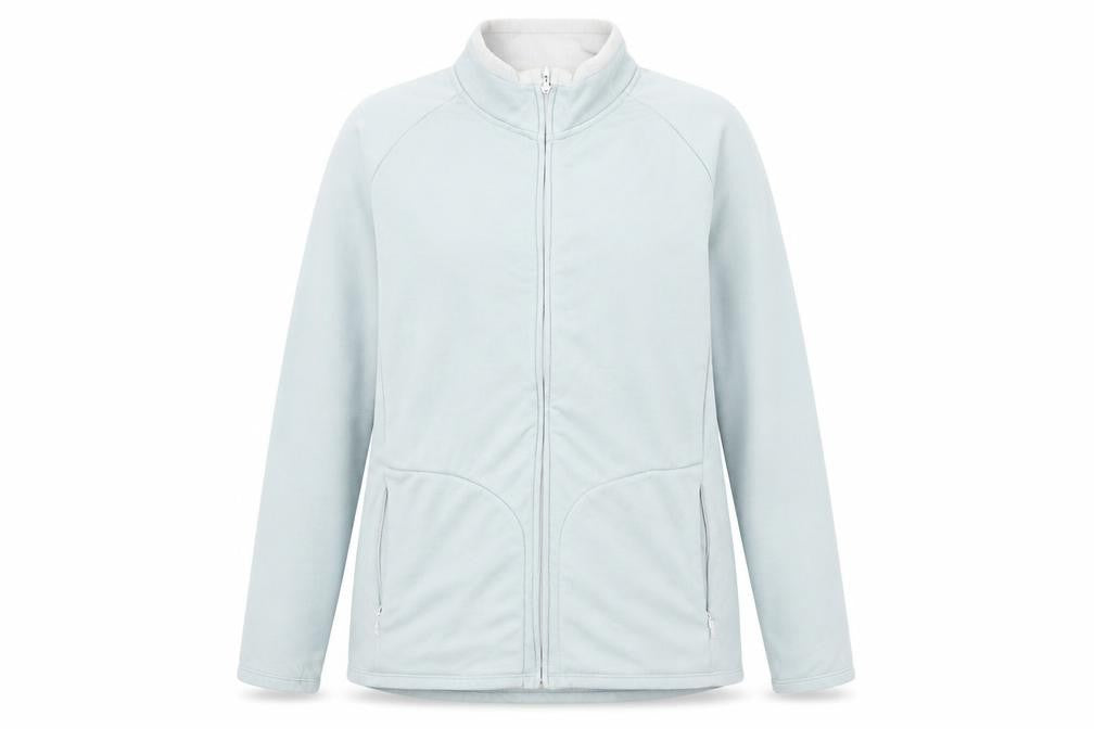 Front view of Preworn women’s blue rayon jacket, size UK 18