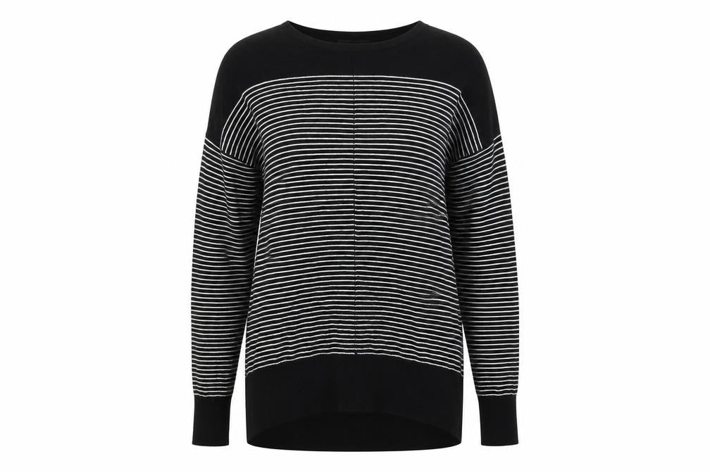 Front view of Atmosphere women’s black striped jumper, size UK 8