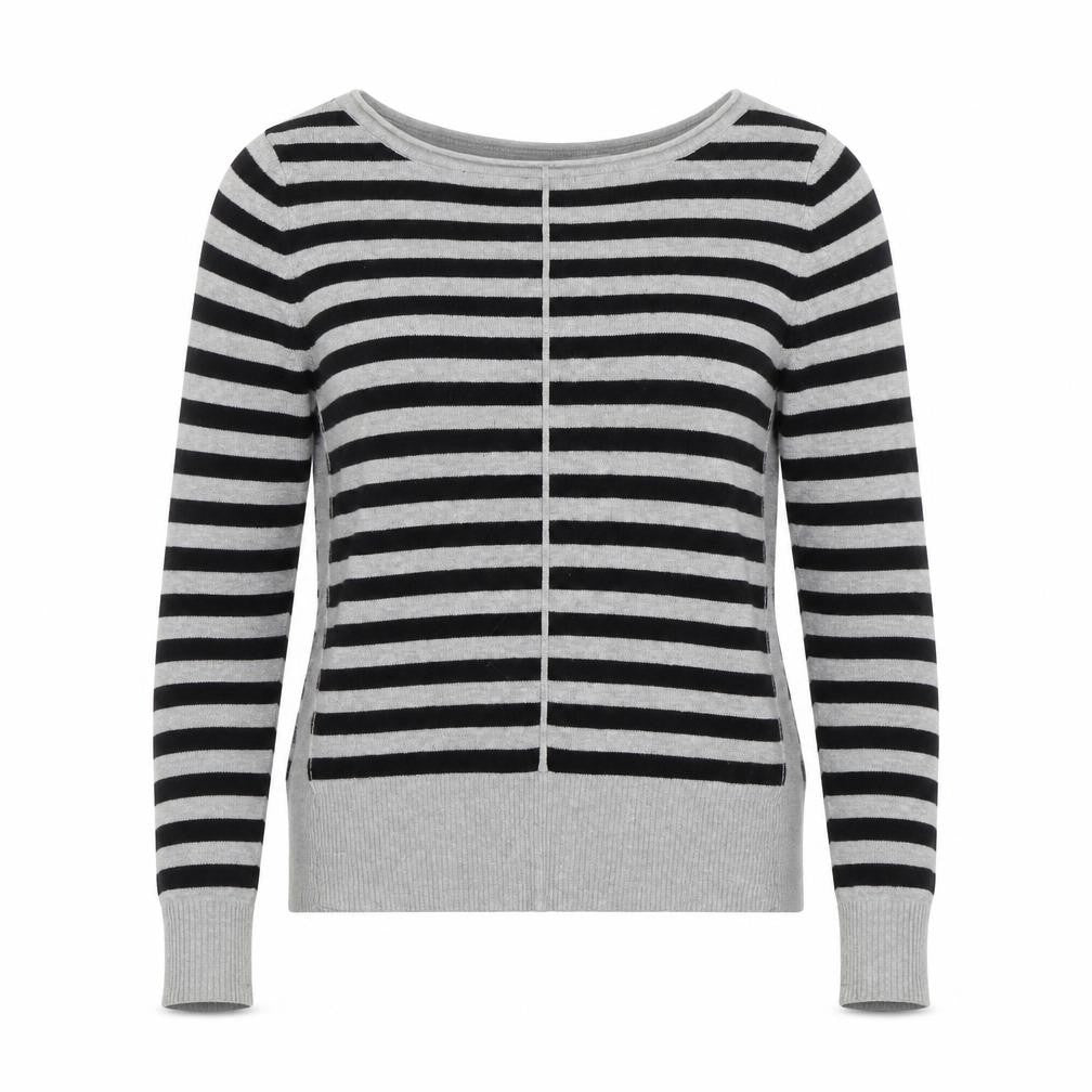 Front view of H&M women’s grey striped jumper, size UK 34