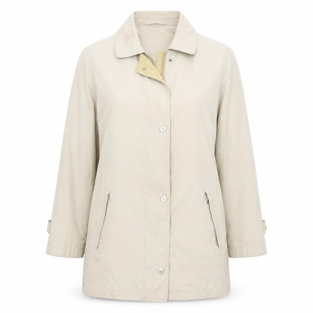 Front view of Ensign women’s beige jacket coat, size UK 12