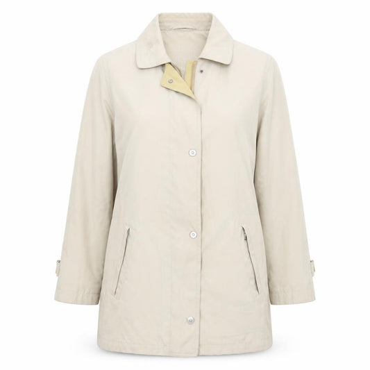 Front view of Ensign women’s beige jacket coat, size UK 12