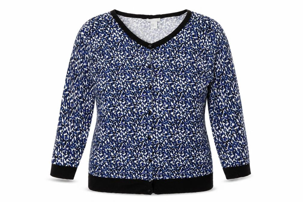Front view of H&M women’s blue geometric knit cardigan jumper, size M