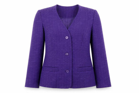 Front view of EWM women’s purple jacket, size UK 14