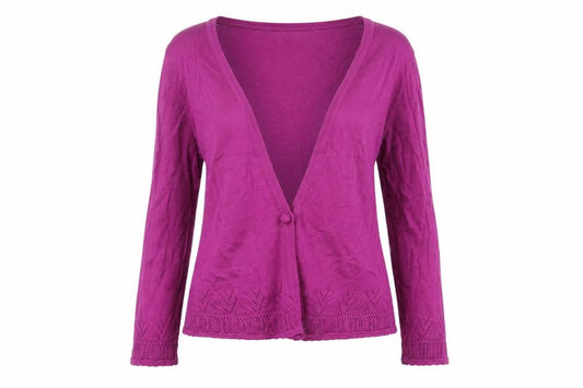 Front view of East women’s purple knit cardigan jumper, size XS