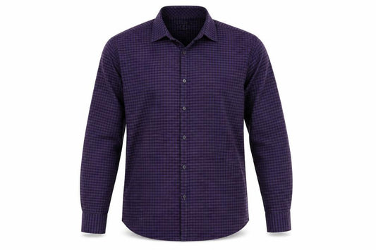 Front view of Cedarwood State men’s purple check button-up, size 17