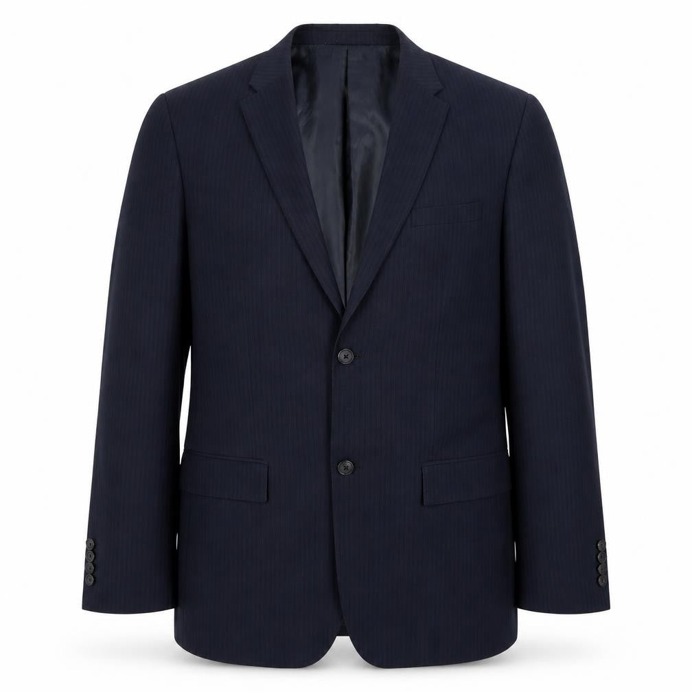 Front view of Perry Ellis men’s blue striped jacket suit jacket, size L