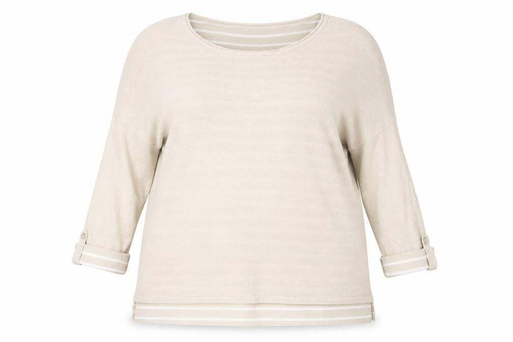 Front view of Isle women’s beige striped jumper, size UK 18