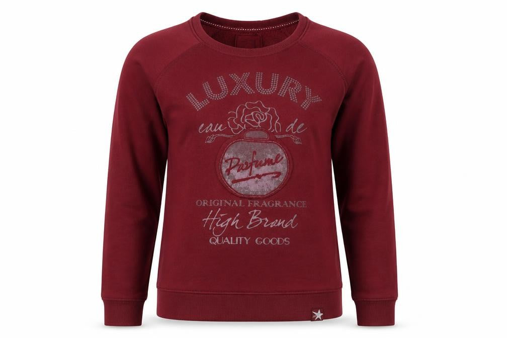Front view of Freetime Collection women’s red pullover sweatshirt, size M