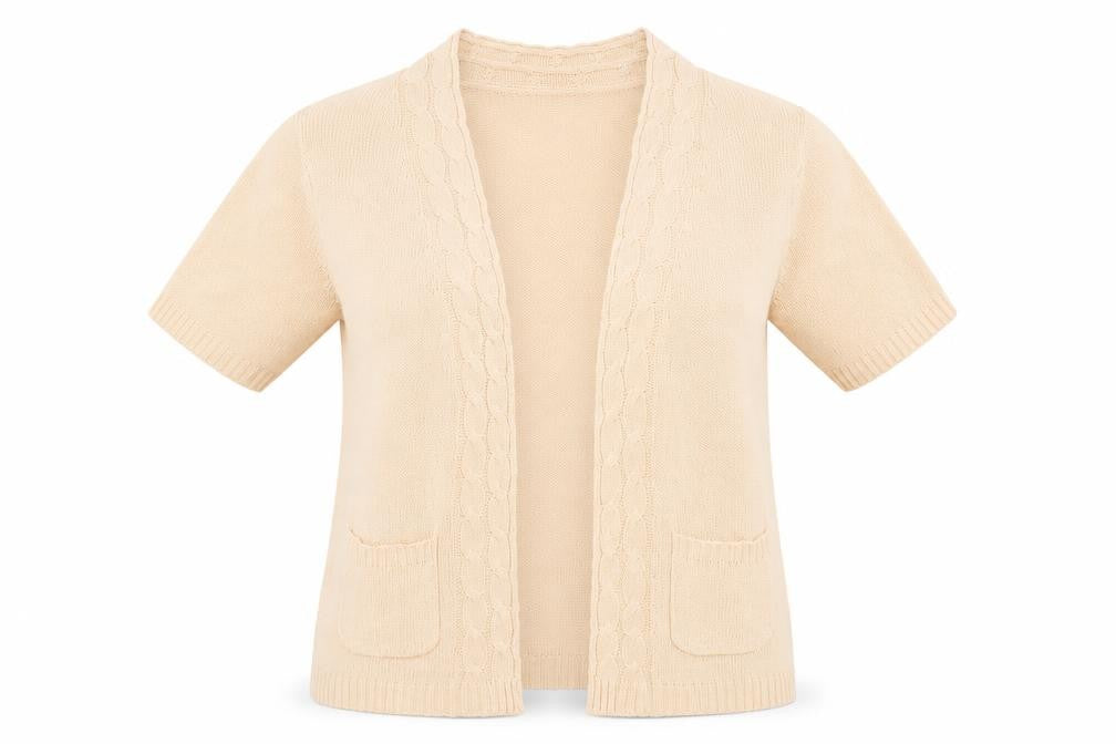 Front view of Preworn women’s beige cardigan jumper, size M