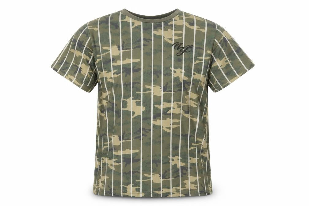Front view of Primark boys’ green striped basic t-shirt, size 9-10, years