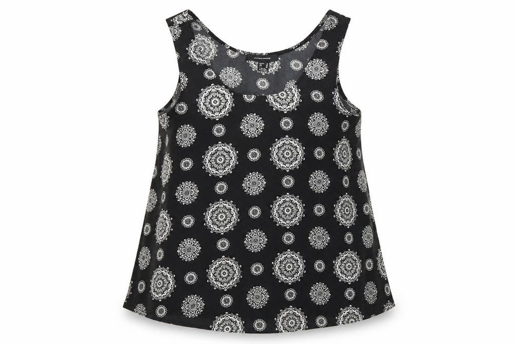 Front view of Atmosphere women’s black geometric basic tank, size UK 12