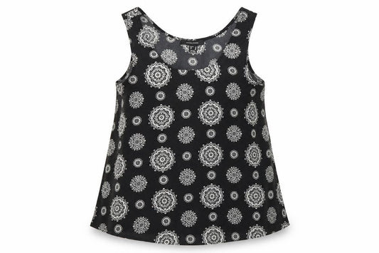 Front view of Atmosphere women’s black geometric basic tank, size UK 12