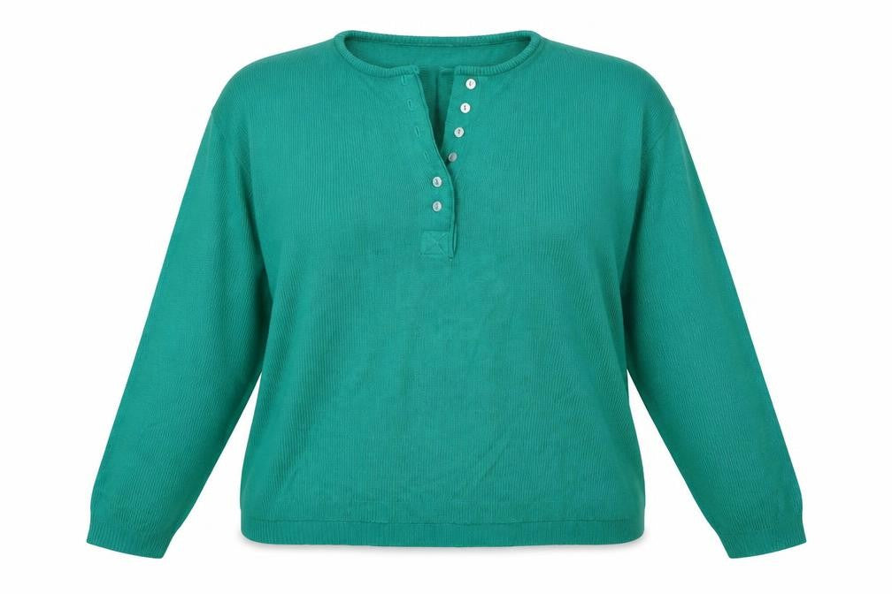 Front view of Preworn women’s green jumper, size UK 18