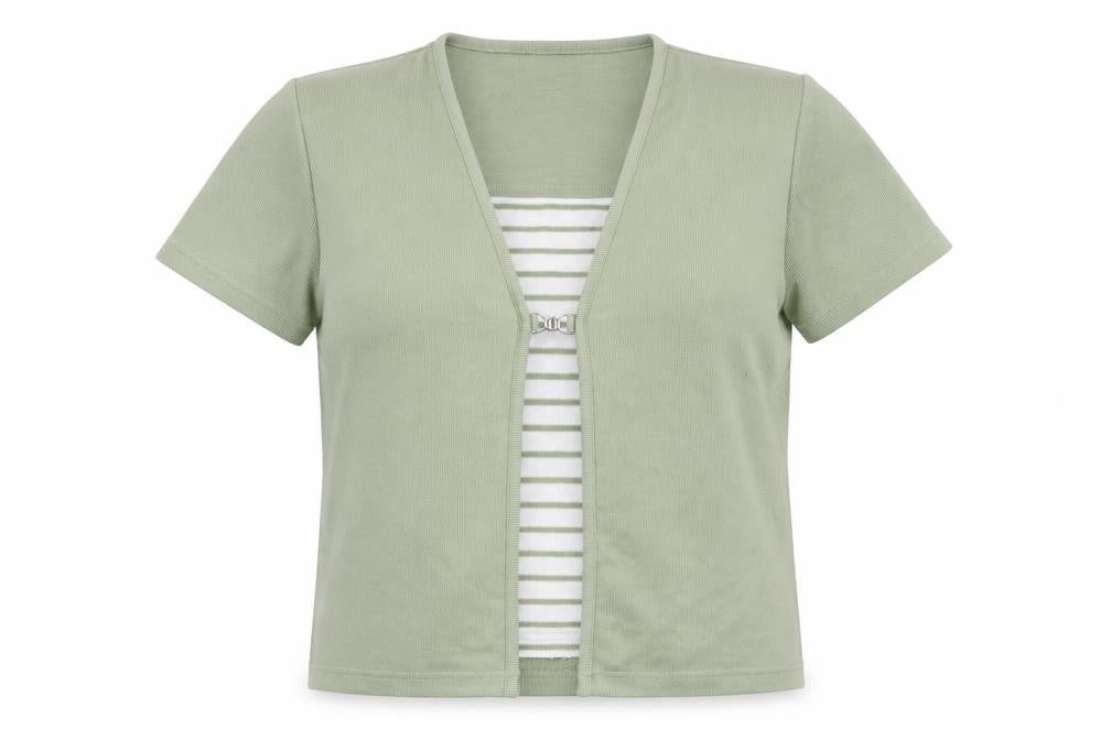 Front view of Bonmarché women’s green striped jumper, size M