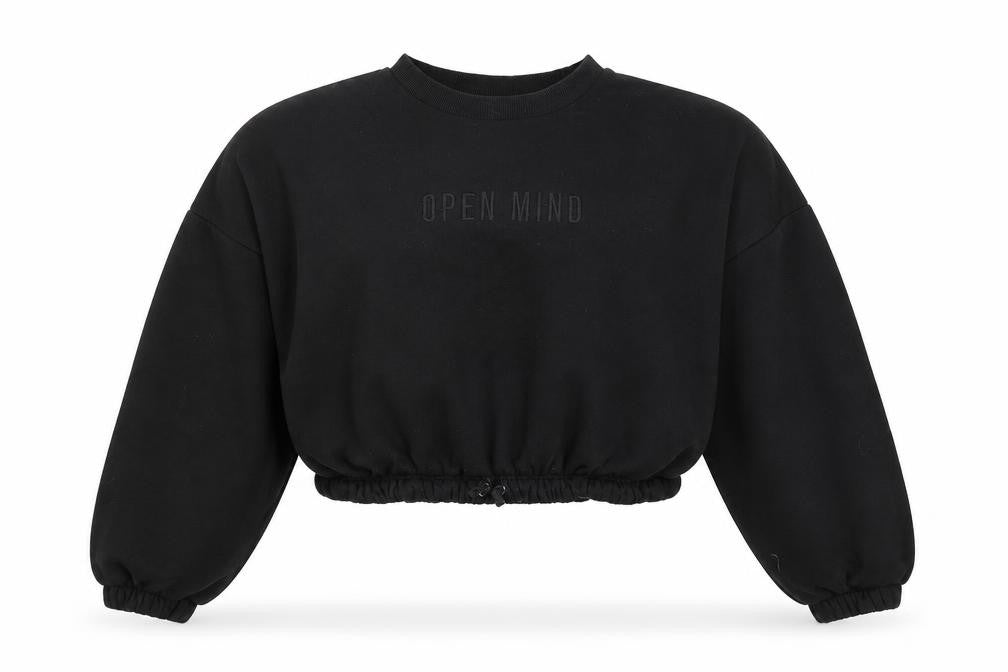 Front view of Primark women’s black jersey pullover sweatshirt, size UK 10, - cropped