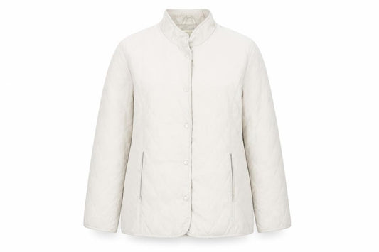 Front view of Victoria Taylor women’s beige quilted jacket, size UK 12