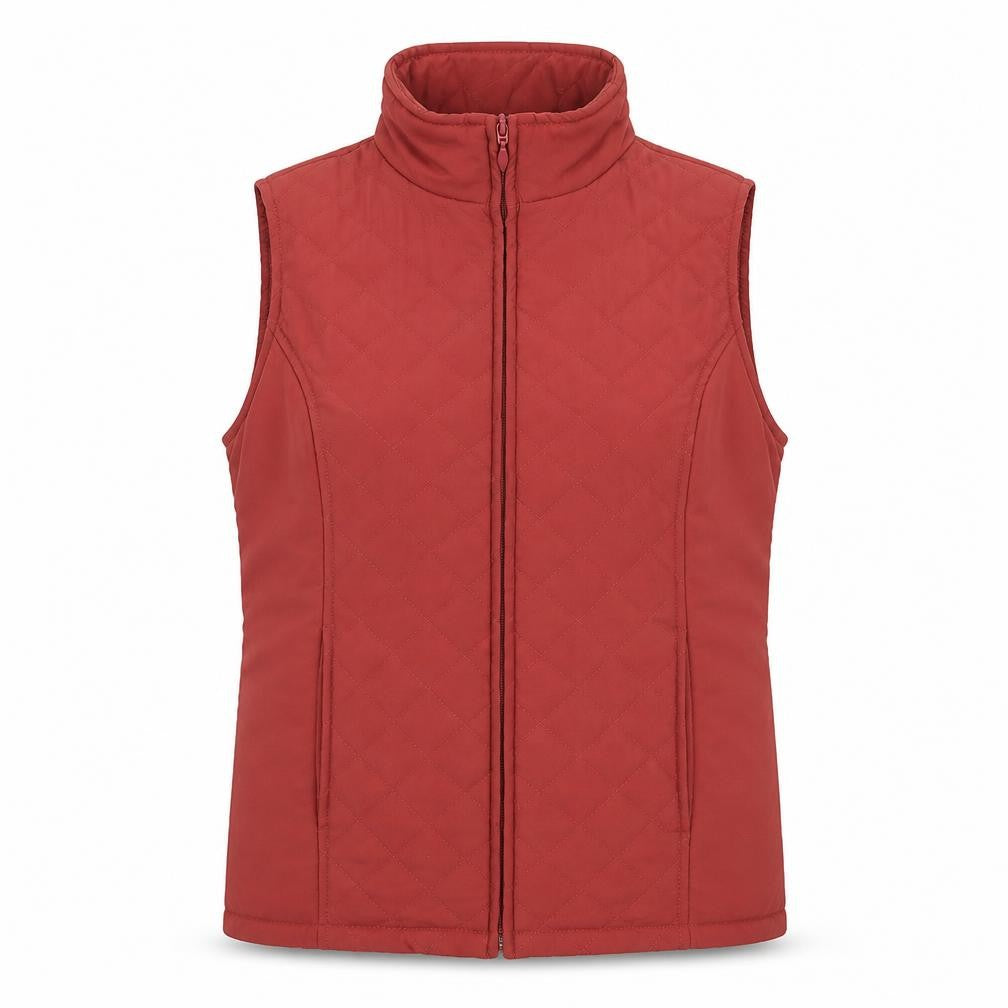 Front view of EWM women’s red gilet coat, size M