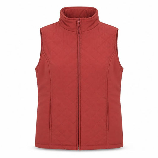 Front view of EWM women’s red gilet coat, size M