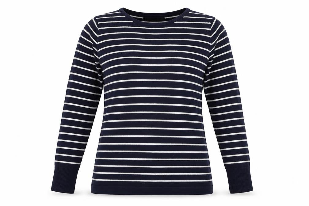 Front view of Queen shop women’s blue striped jumper one size