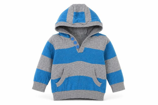 Front view of Mini Club boys’ blue striped jumper, size 6-9, months