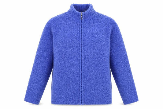 Front view of EWM women’s blue knit jacket coatigan, size UK 16