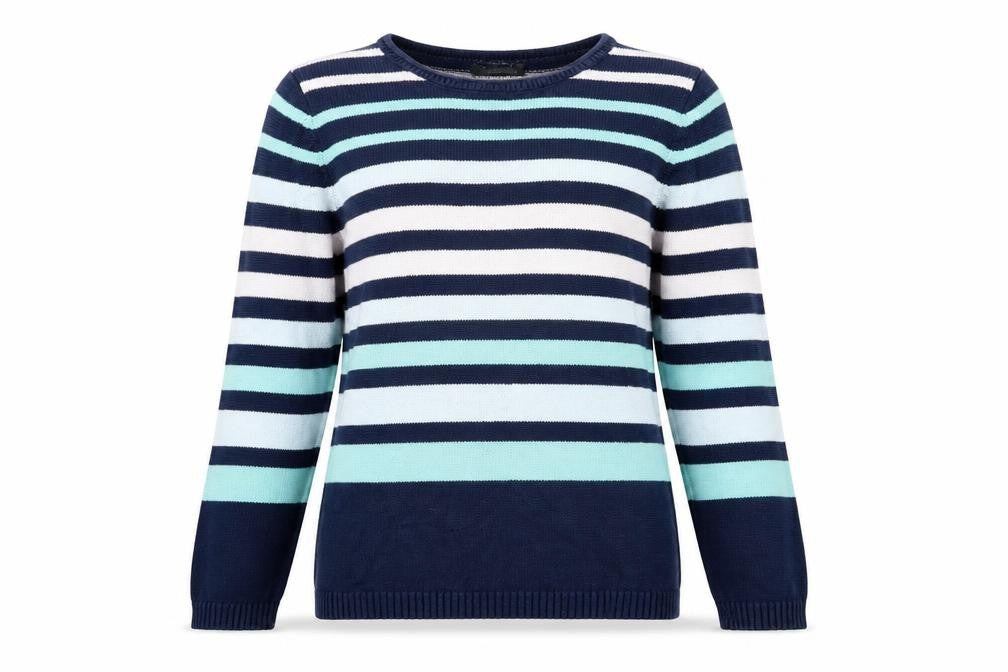 Front view of Bonmarché women’s blue striped jumper, size S