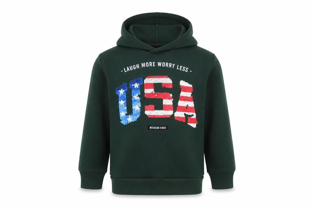Front view of Oslo boys’ green pullover hoodie, size S, - usa reversible