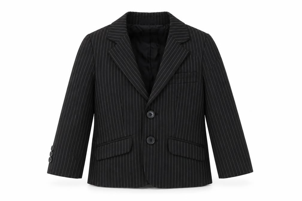 Front view of suited and booted boys’ black striped jacket blazer, size 2, years