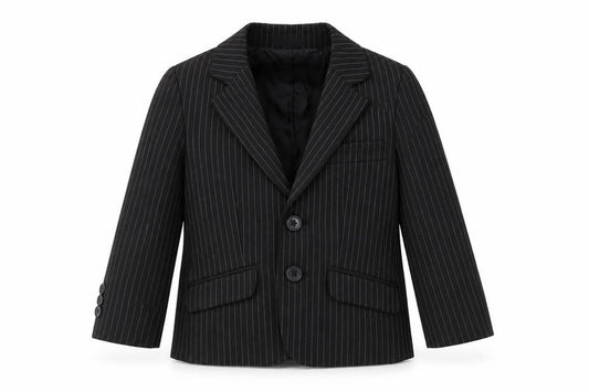 Front view of suited and booted boys’ black striped jacket blazer, size 2, years