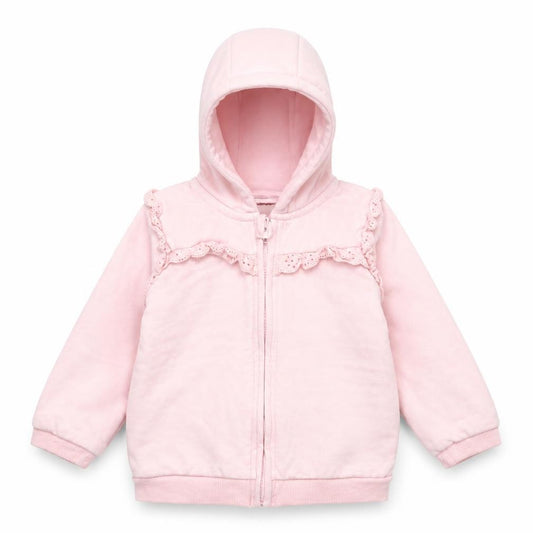 Front view of Asda George girls’ pink full zip jumper, size 9-12, months