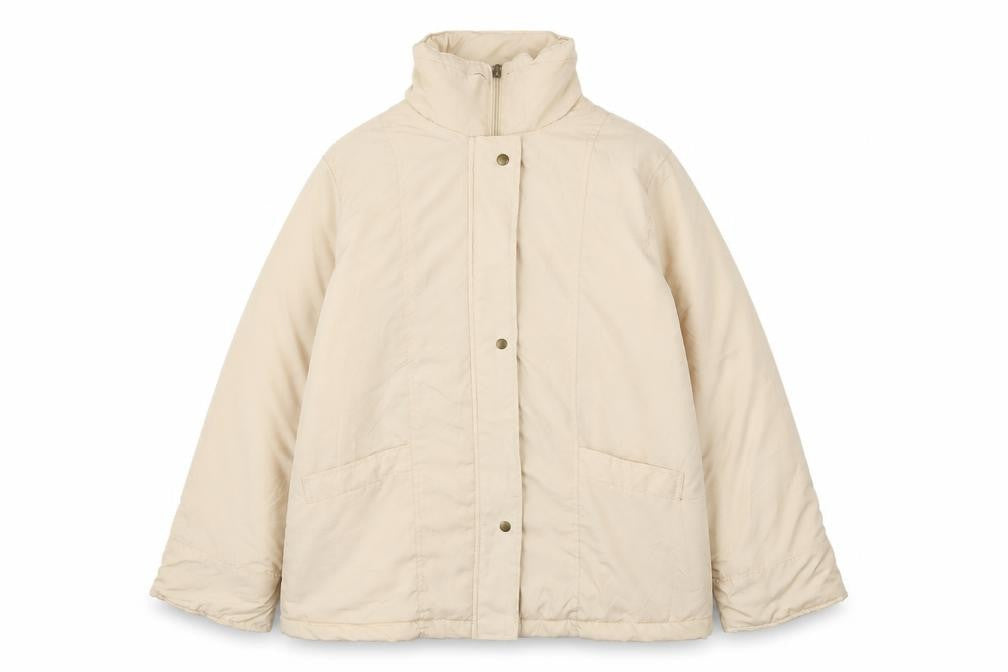 Front view of NEUVILLE women’s beige jacket coat, size UK 14