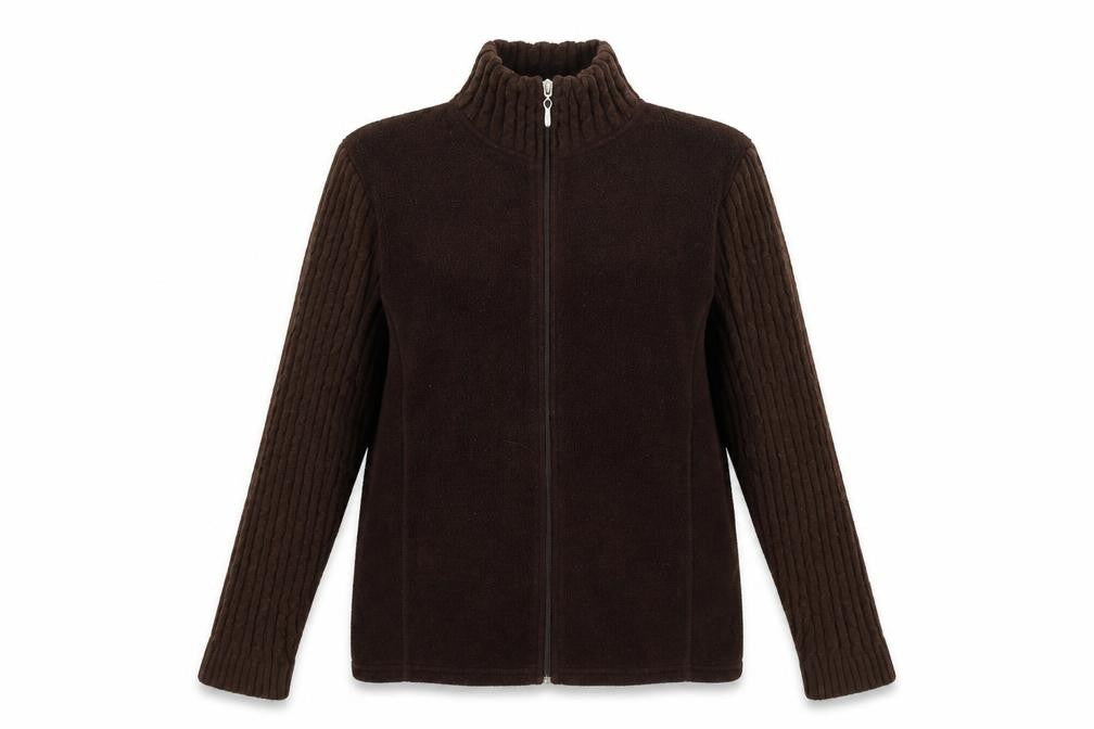 Front view of EWM women’s brown full zip jumper, size UK 16
