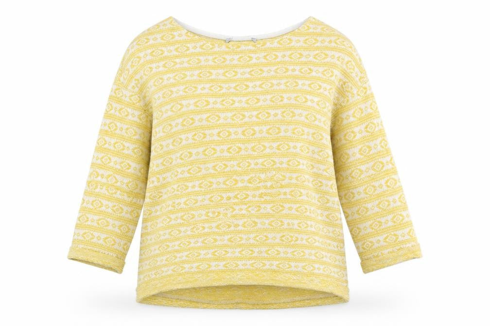 Front view of Next women’s yellow geometric knit jumper, size UK 8