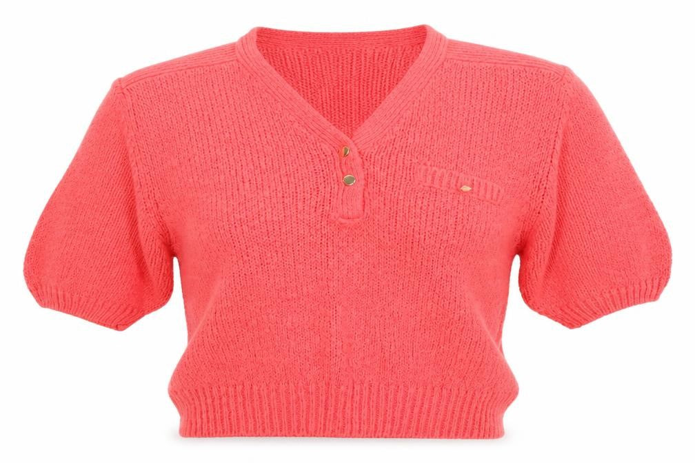 Front view of Preworn women’s pink knit jumper, size M