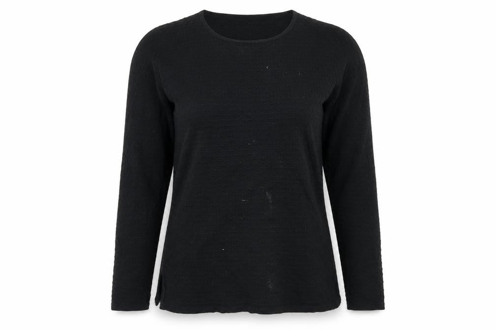 Front view of Preworn women’s black basic t-shirt, size L