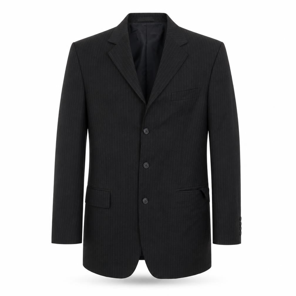 Front view of Mike Fenton men’s grey striped jacket suit jacket, size 42