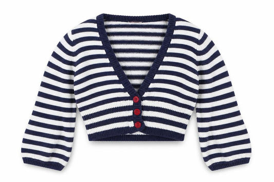 Front view of Mini Mode girls’ blue striped cardigan jumper, size 18-24, months