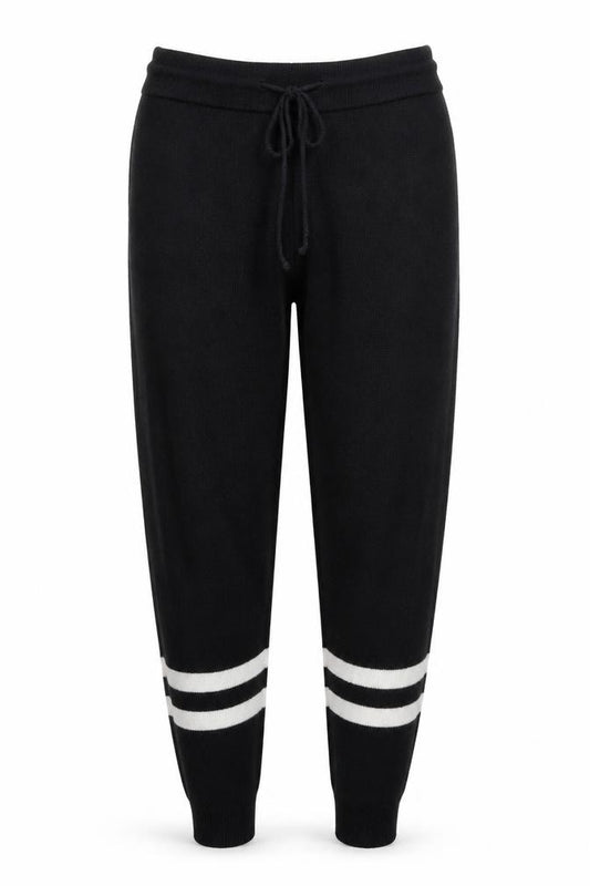 Front view of Preworn women’s black striped sweatpants, size UK 24, in, 23-inch leg